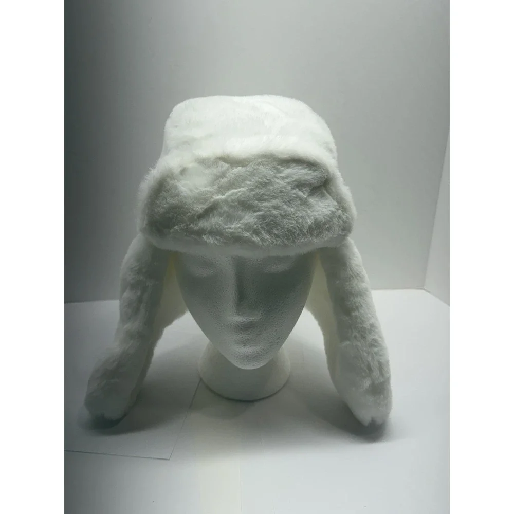 True Religion Trapper Hat White Faux Fur Blue Winter Cap Horseshoe Gold Ski Snow